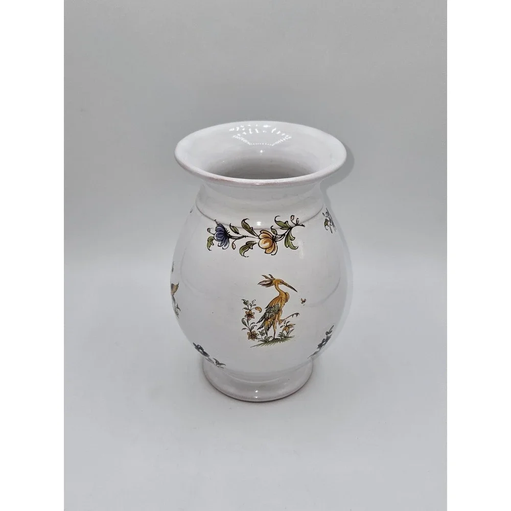 French Faience Style Hand Painted Vase Bird Floral Motif White Glazed‎ Pottery